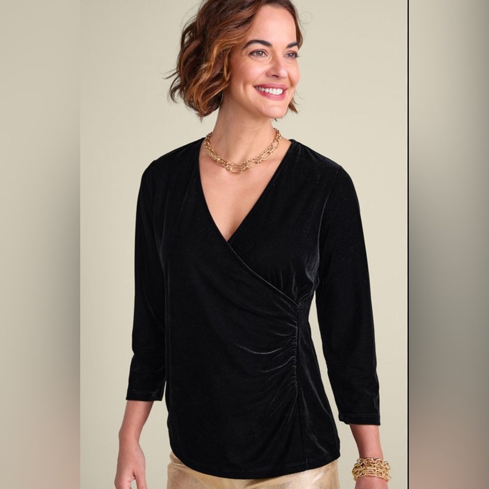Soft Surroundings Women’s Velvet Black Formal V-Neck Long Sleeve Top Size Medium